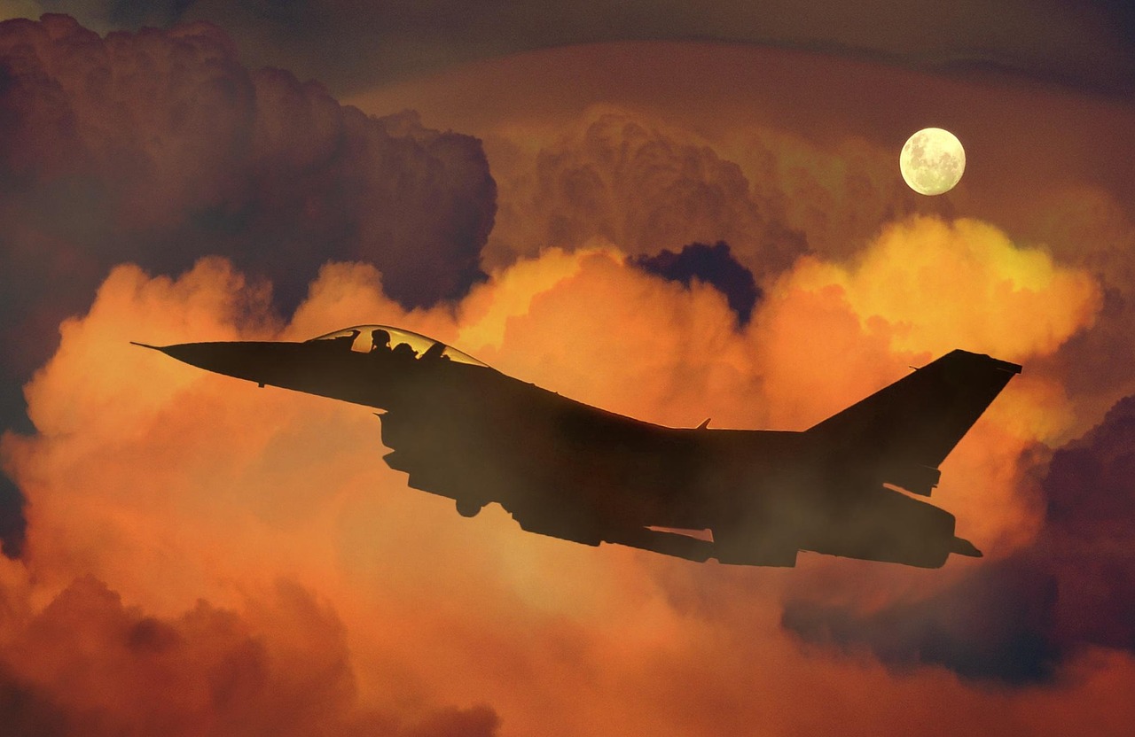 airplane, jet, fighter, f-16, night sky, moon, clouds, aircraft, military, war, flight, aviation, transport, nature, pilot, technology, silhouette, aviator, aerospace, fly, army, aerial, digital manipulation, photo art